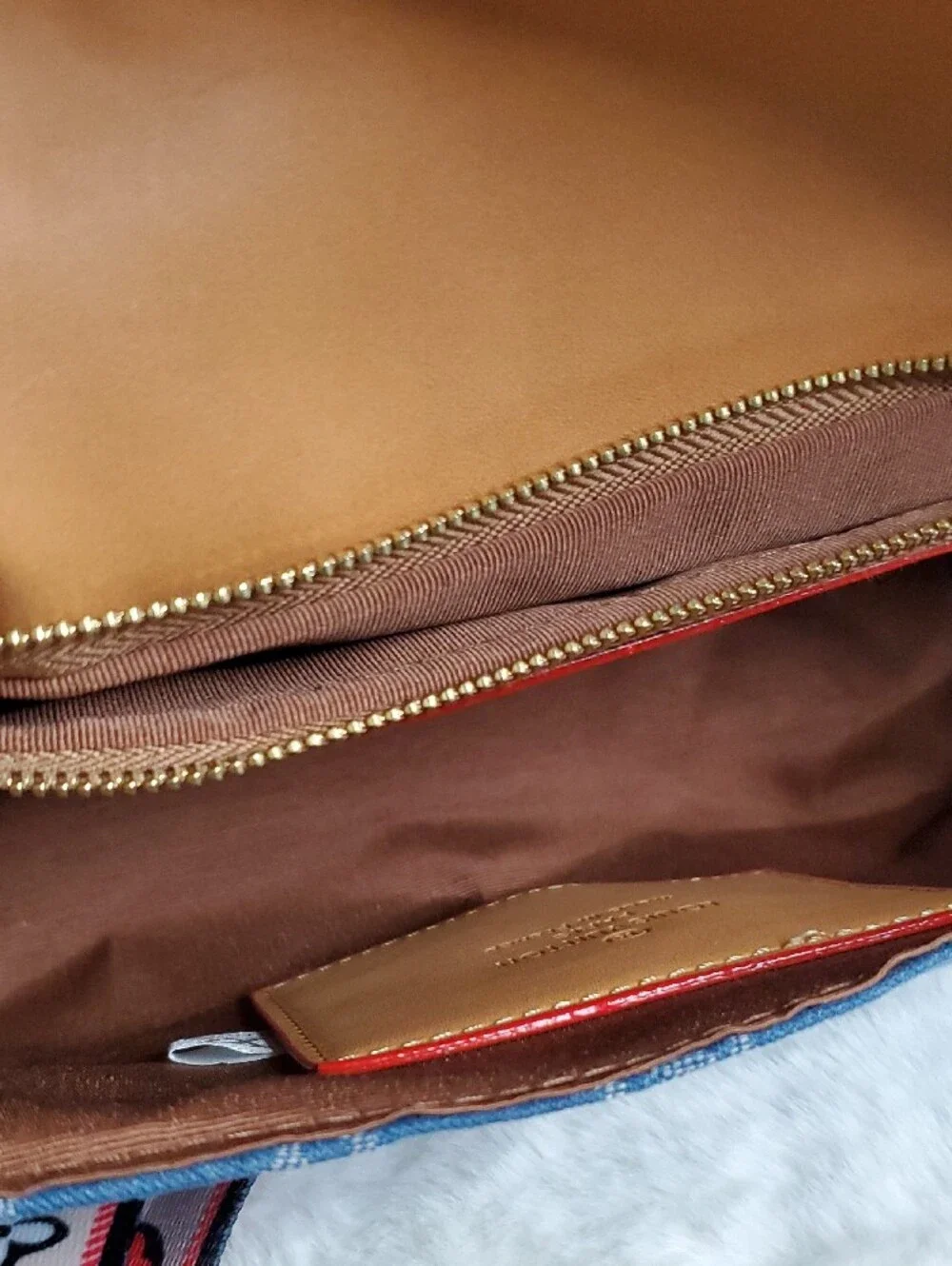 Blue Monogram Denim Crossbody with Tan Trim and Pink Accent Strap